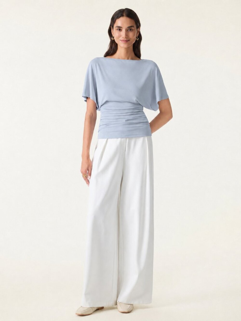 NWT OGL Top Sandwashed Effortless Boatneck Batwing Sleeve Ruched Smoke Blue M